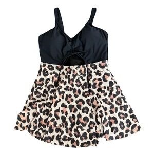 Leopard Print Swim Dress One Piece Swimsuit Black Cutout Size 16 Summer Resort